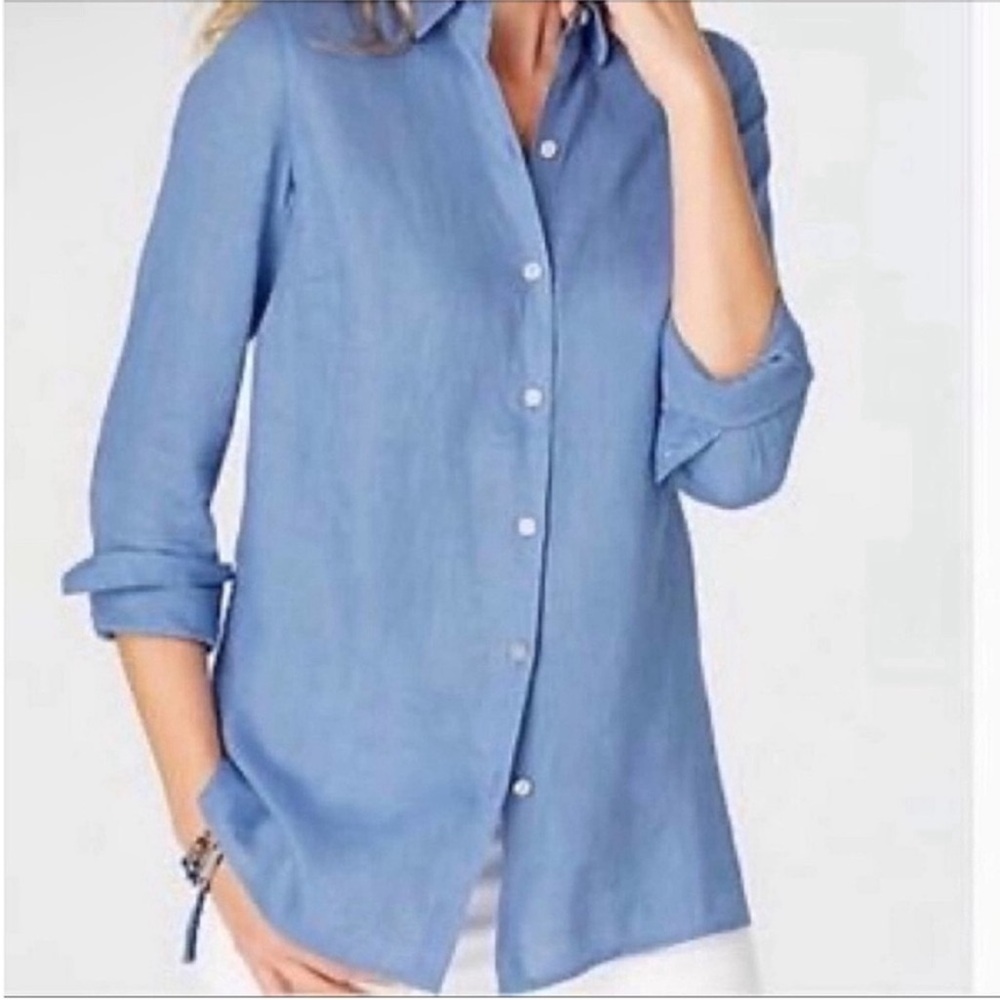 J. Jill Love Linen Essential Shirt blue chambray button down long sleeves